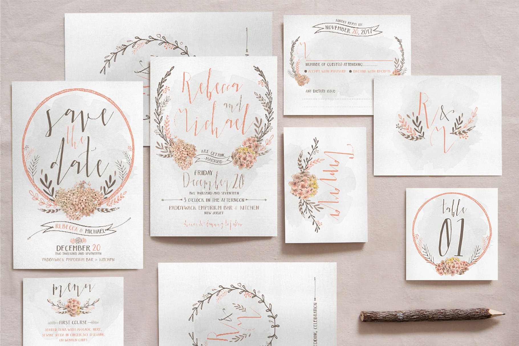 水彩花环花卉婚礼邀请物料模板 Wreath & Flower Wedding Suite