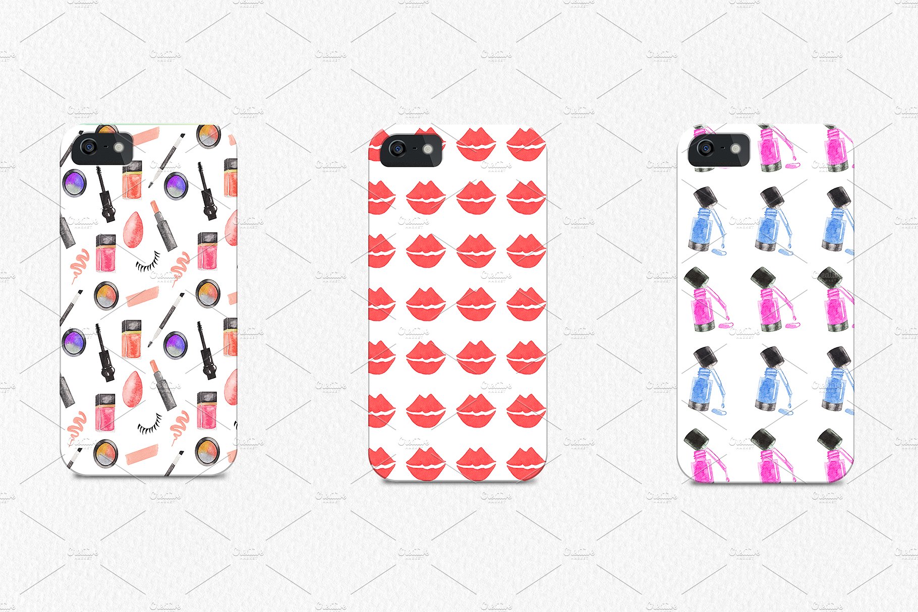 50个时尚手绘情人节风格的女性化妆品背景纹理集合