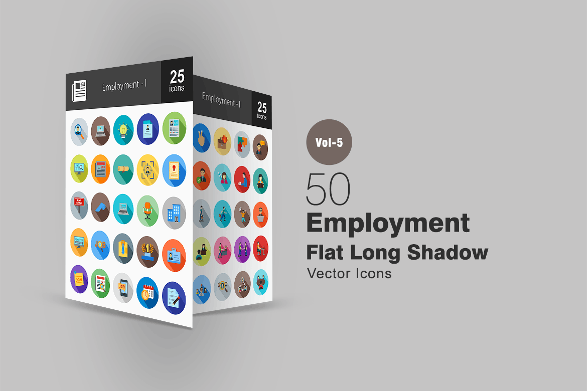 50枚人力资源&职场主题长阴影圆形图标素材 50 Employment Flat Shadowed Icons