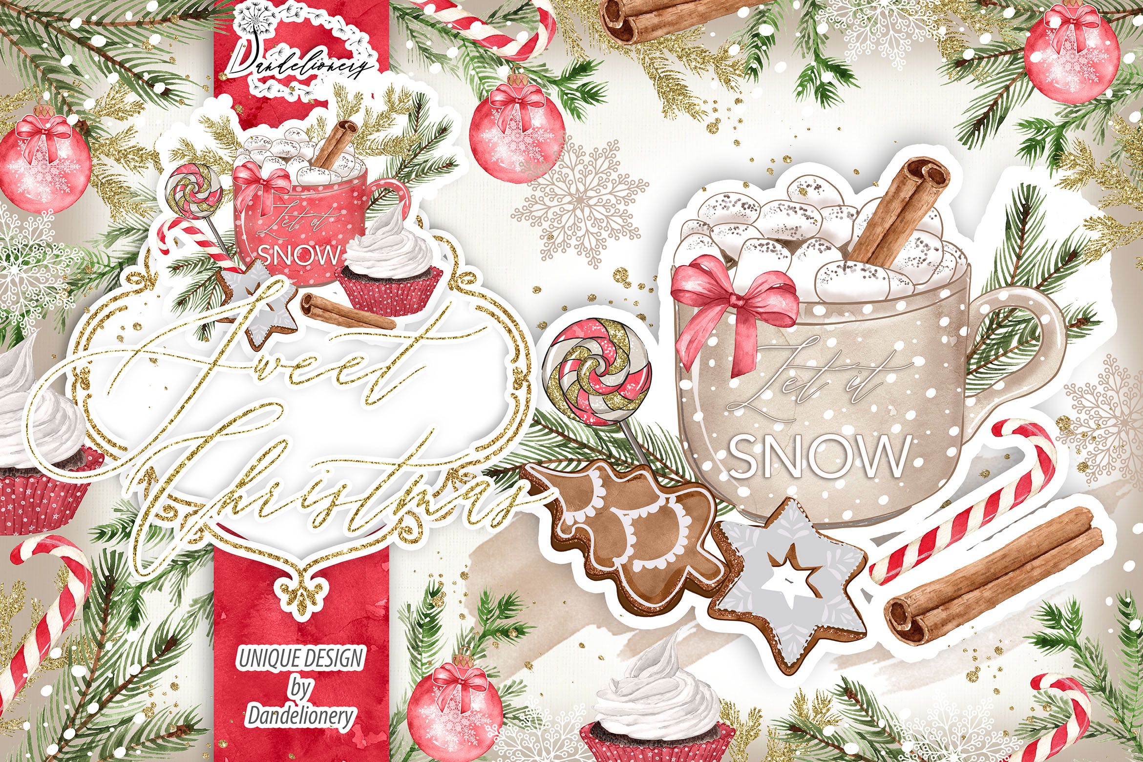 甜蜜圣诞节水彩手绘图案PNG素材 Sweet Christmas design