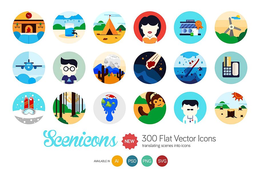 手绘插画图案扁平风格图标集 Scenicons Flat icons – 300 icons