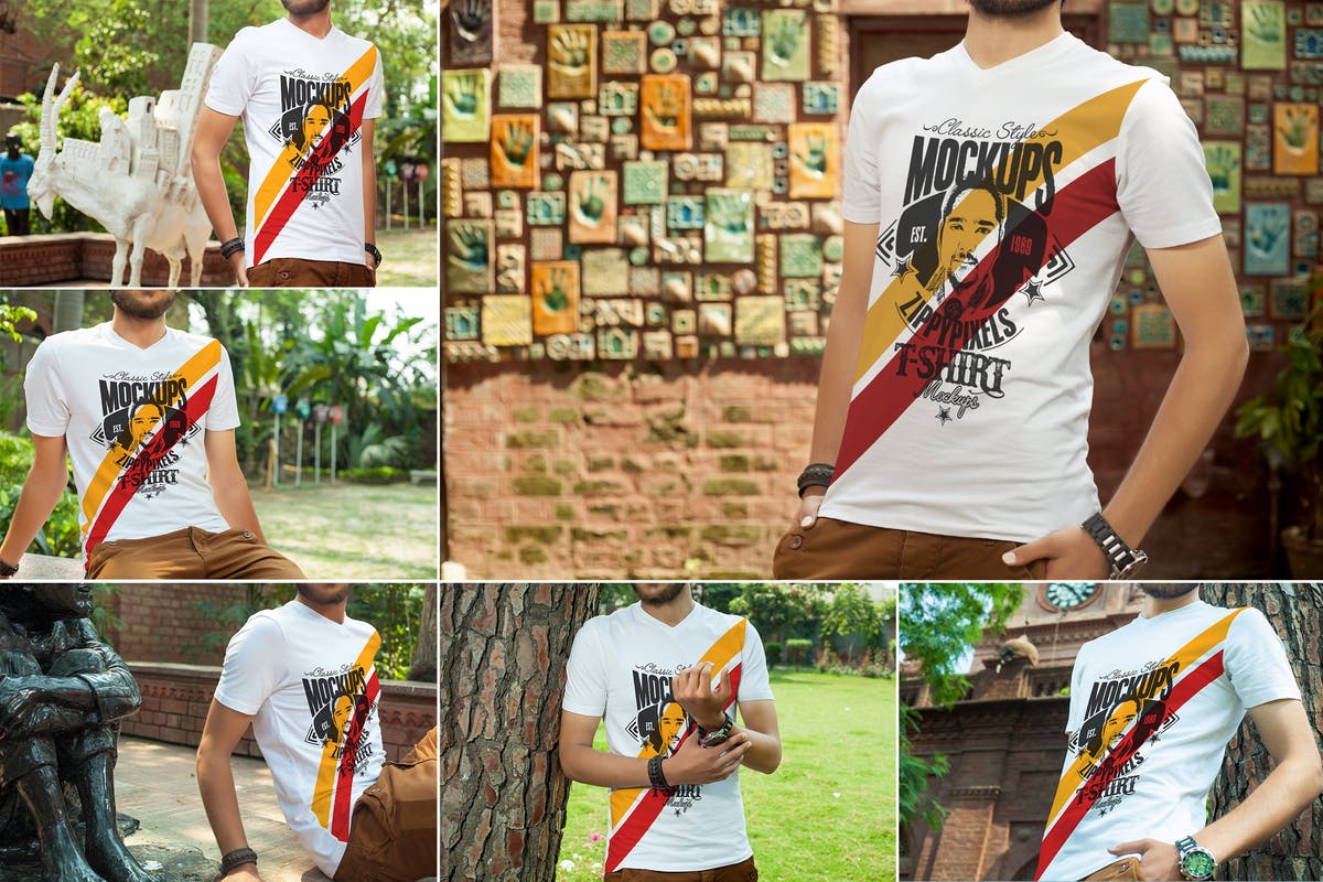 时尚男士V领T恤印花设计服装样机 Stylish V-Neck T-Shirt Mockups