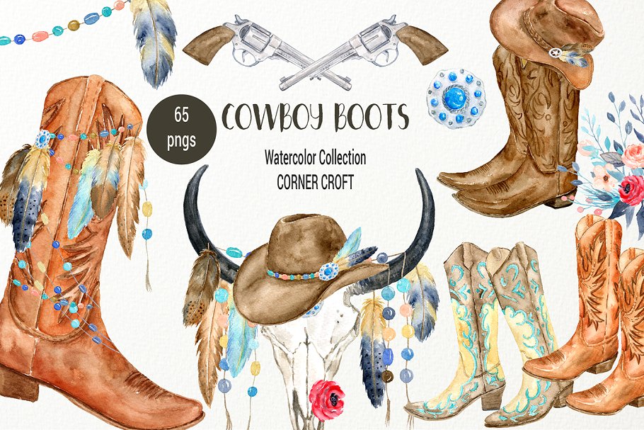 经典水彩牛仔靴剪贴画 Watercolor Cowboy Boots Illustration