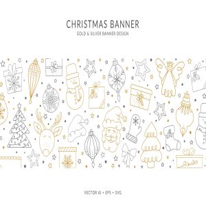 不同圣诞元素组合圣诞主题横幅Banner矢量设计 Christmas Banner with different Christmas Elements