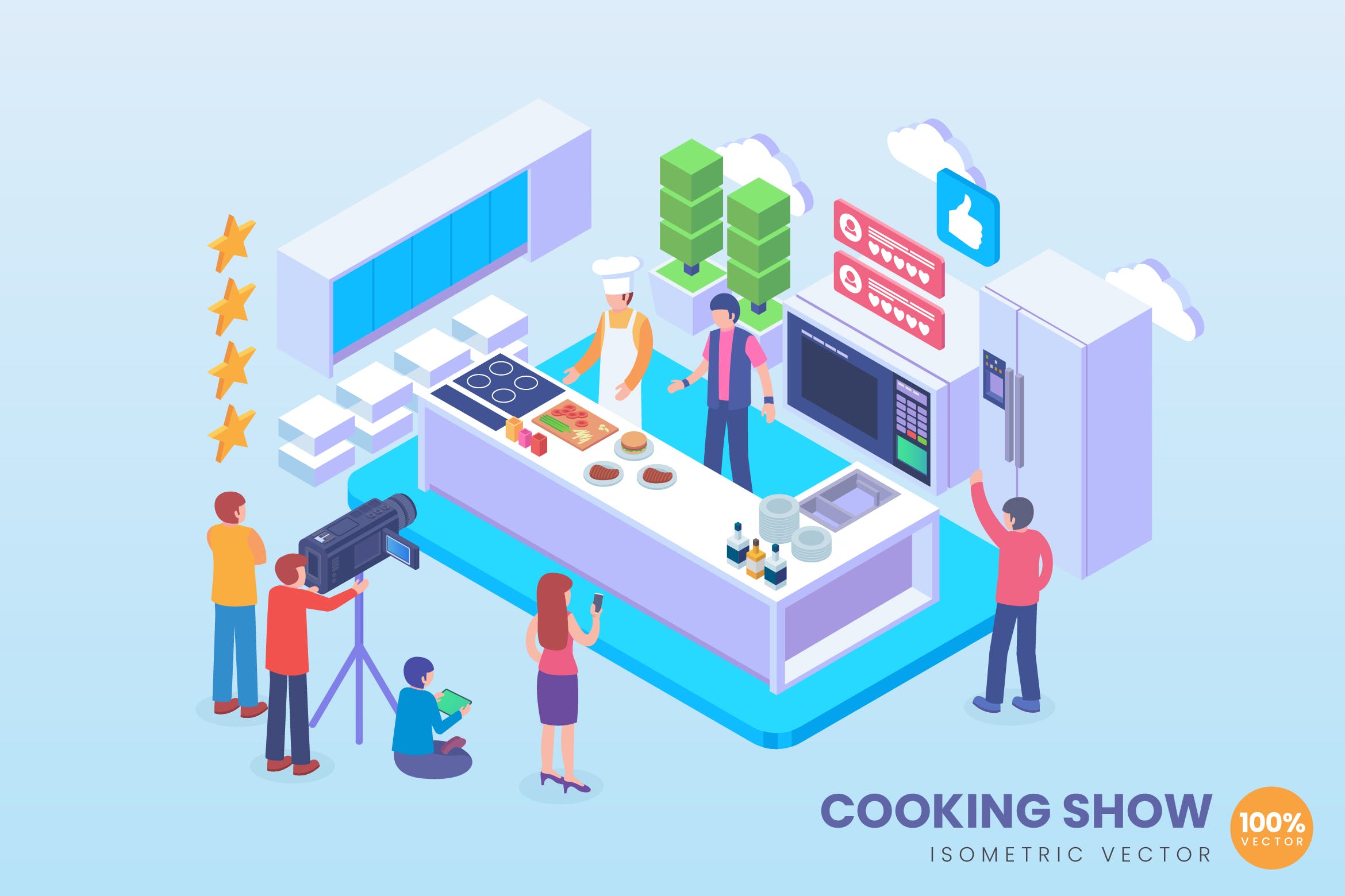 美食直播场景2.5D矢量等距概念插画 Isometric Live Cooking Show Vector Concept