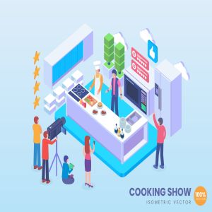 美食直播场景2.5D矢量等距概念插画 Isometric Live Cooking Show Vector Concept
