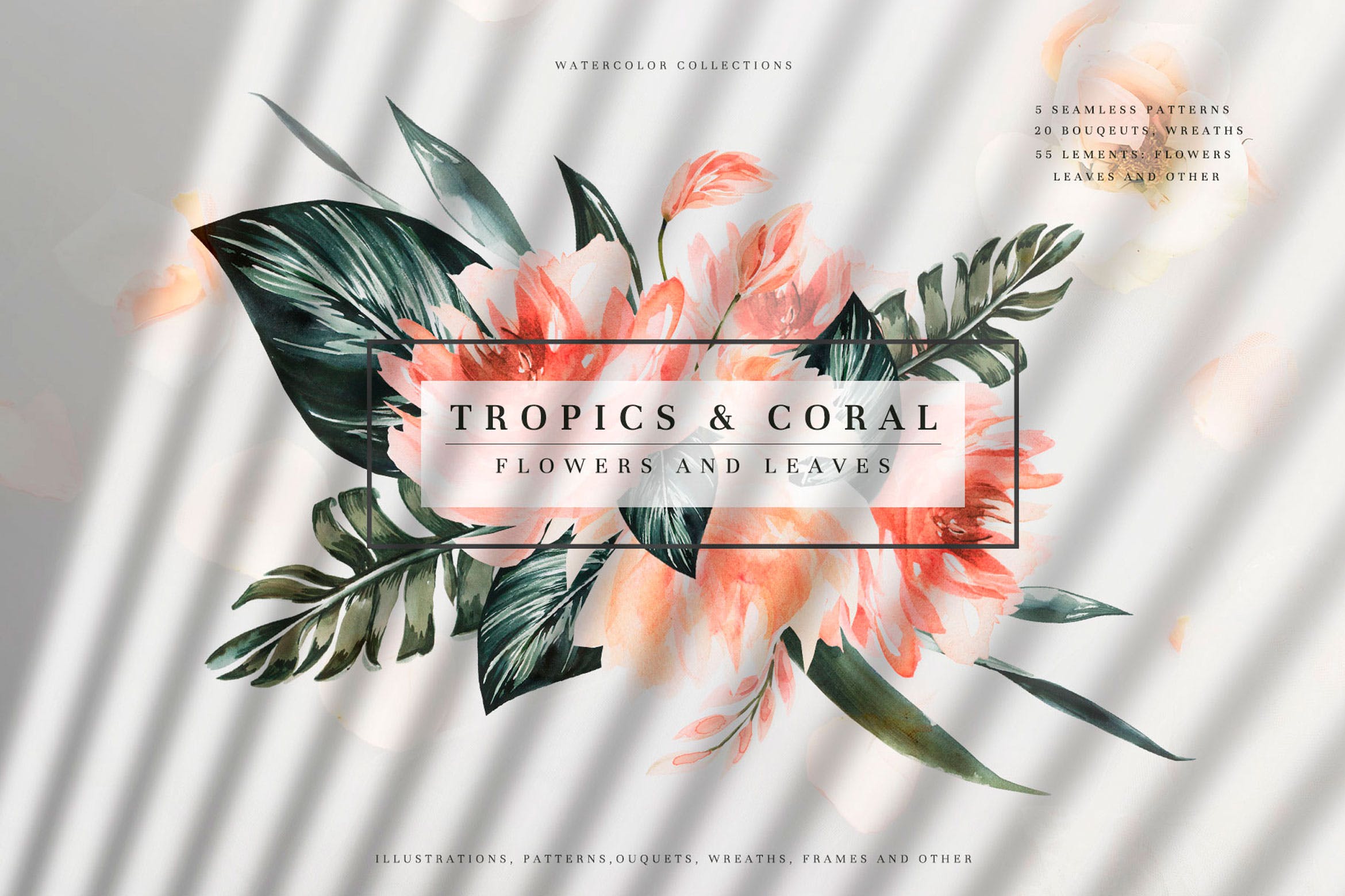 热带植物水彩手绘图案设计素材套装 Tropics & Coral Watercolor Set