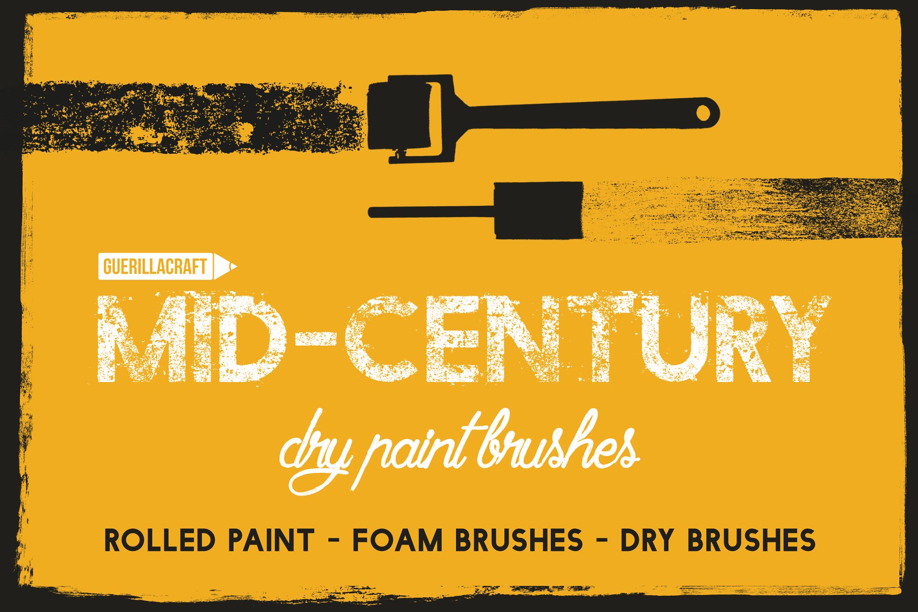 中世纪辊筒印刷滚筒刷油漆效果PS笔刷 Mid-Century – Dry Paint Brushes