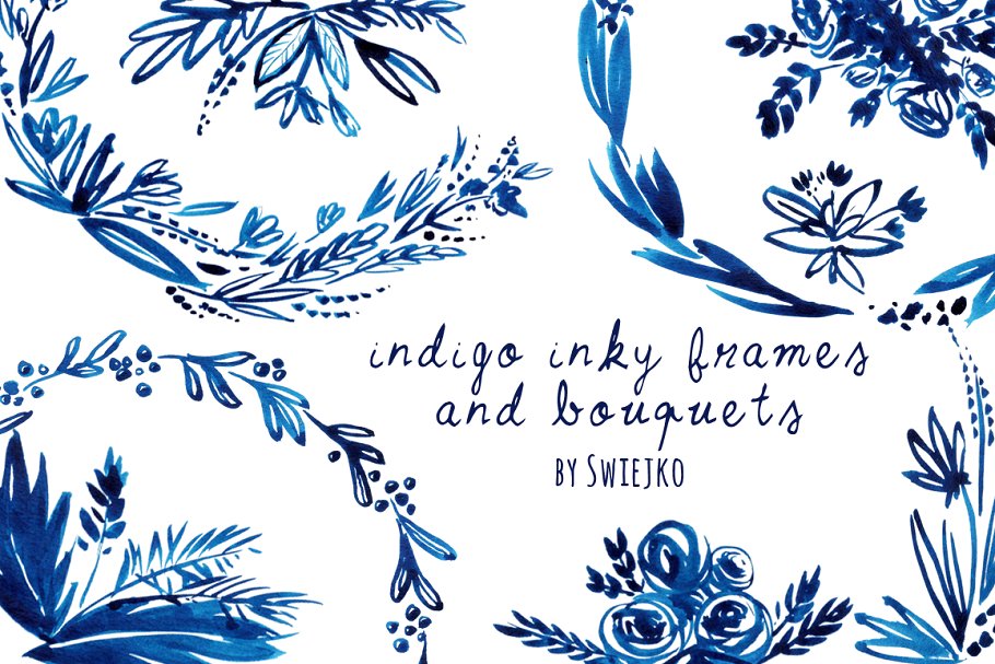 靛蓝手绘花圈素材 Indigo Hand painted Wreaths