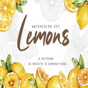 水彩柠檬手绘图案纹样背景素材 Lemonade Watercolor Set