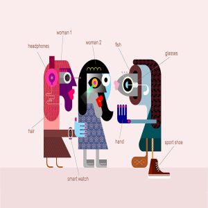 创意怪诞女性形象人物矢量插画素材 Two Women Talking to a Fish vector illustration