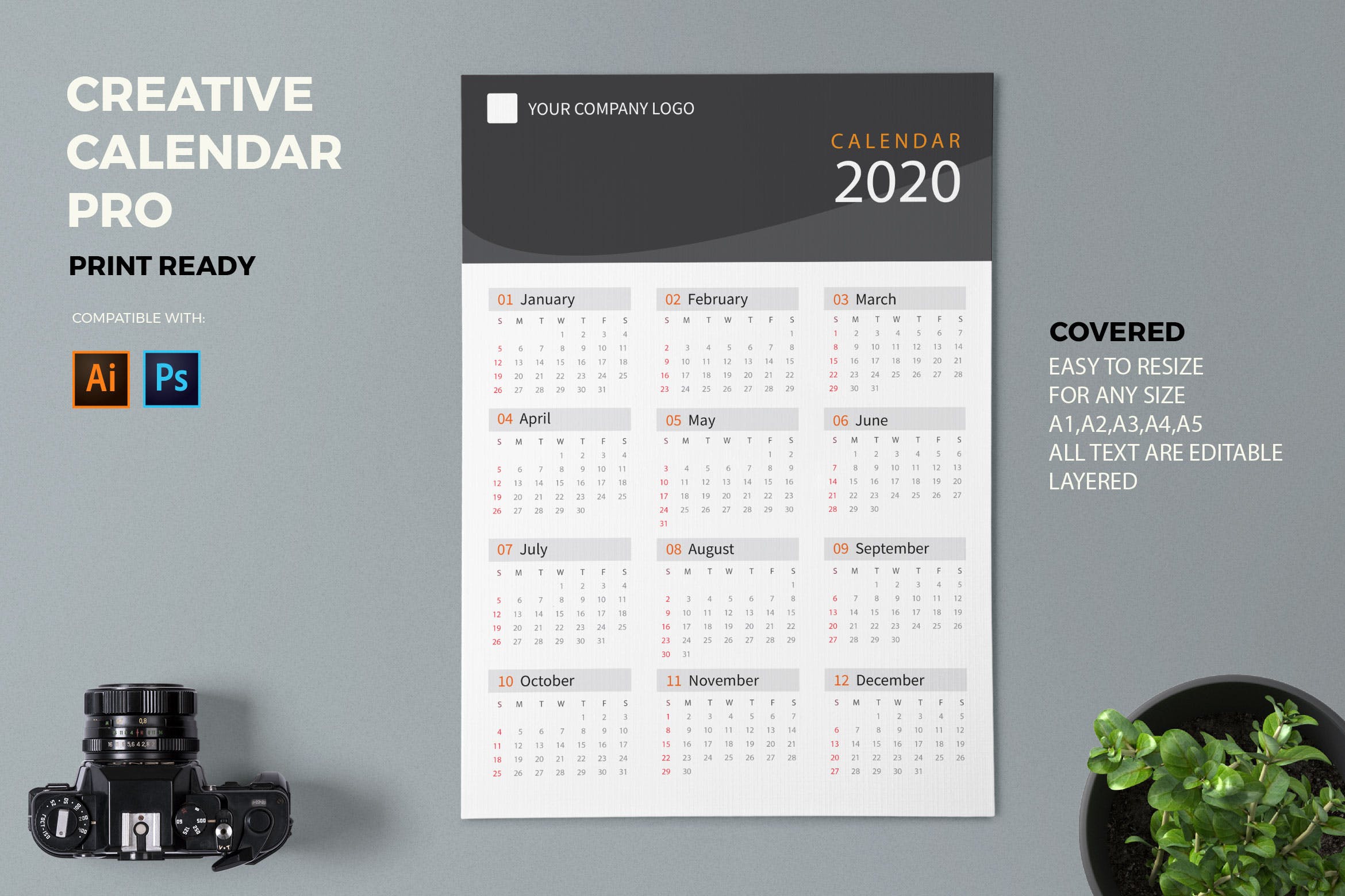素色设计风格2020日历年历设计模板 Creative Calendar Pro 2020