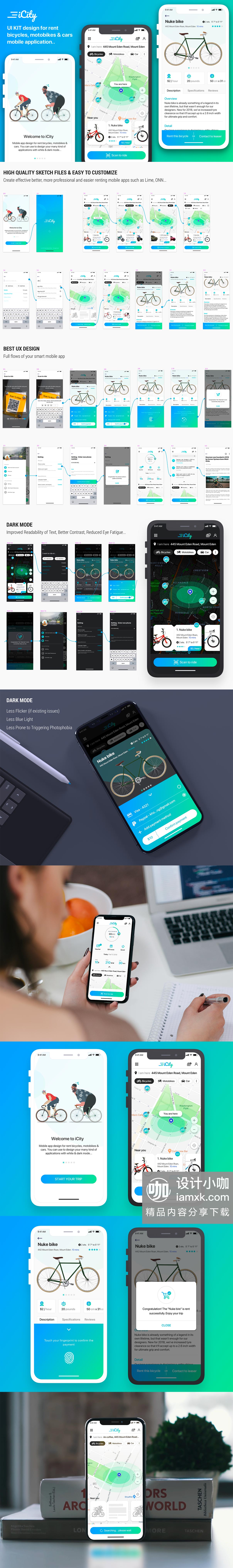 一流设计素材网下午茶：都市骑行APP UI KIT模板套装下载 [Sketch]