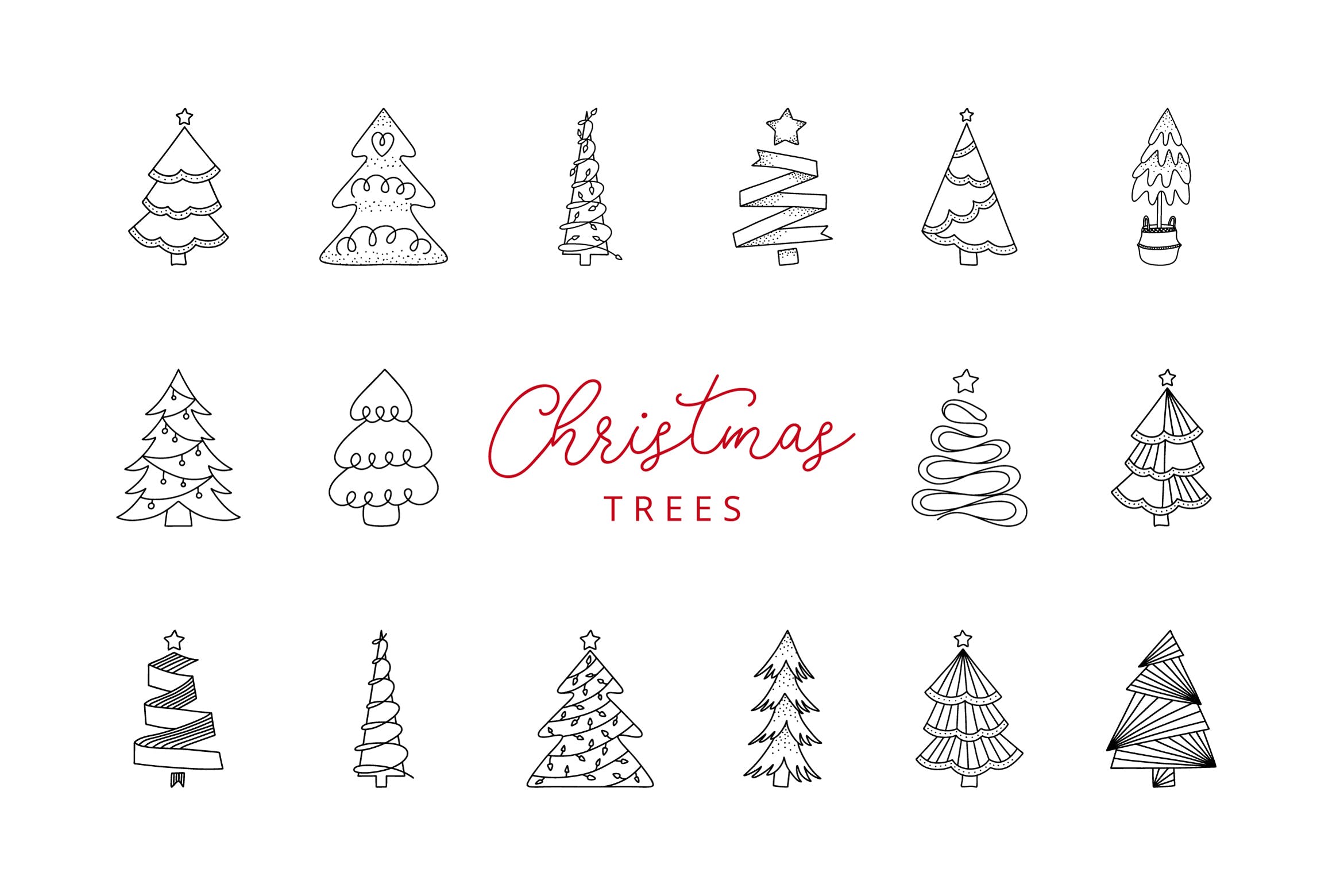 16枚圣诞树线性图标素材 16 Christmas Tree Doodle Line Icons