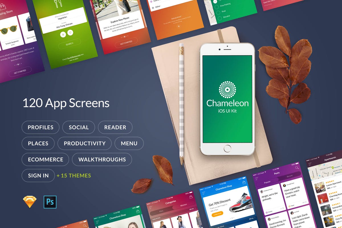 新鲜和时尚的移动UI工具包 Chameleon UI Kit