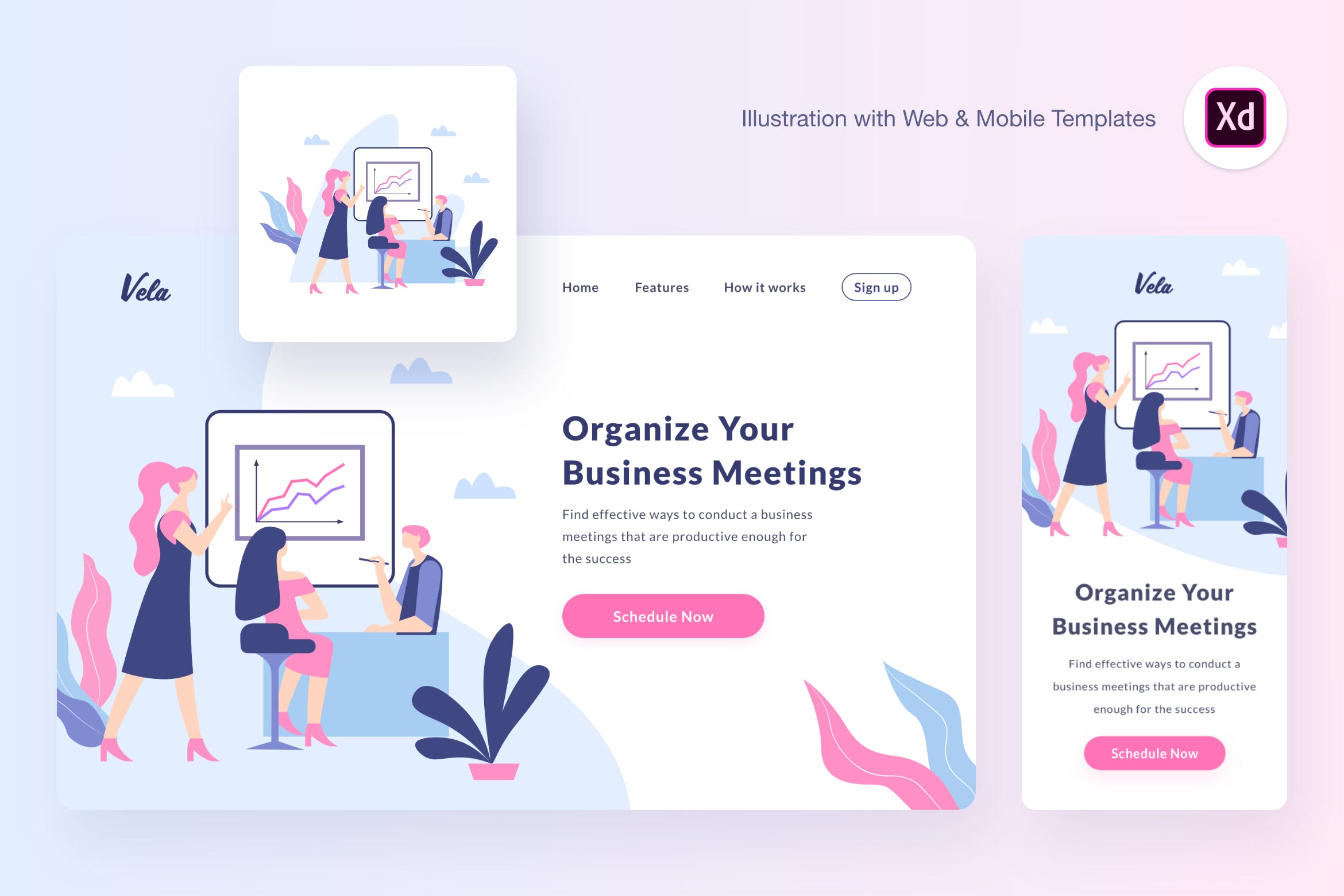 企业会议主页矢量概念插画设计素材[XD&SVG] Vela meeting illustration (Adobe XD, SVG)