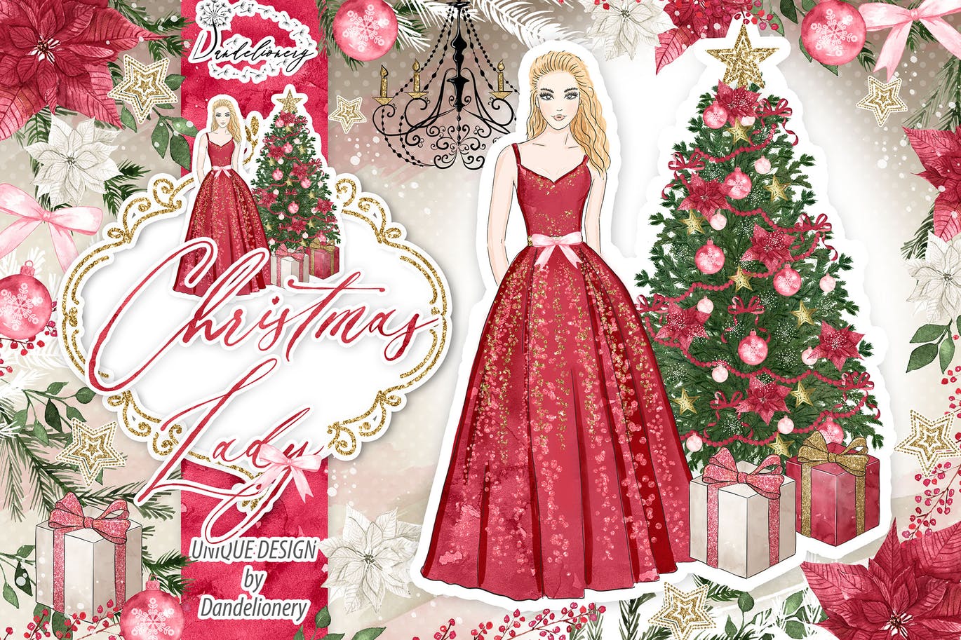 圣诞节元素优雅女郎剪贴画高清PNG素材 Christmas Lady design