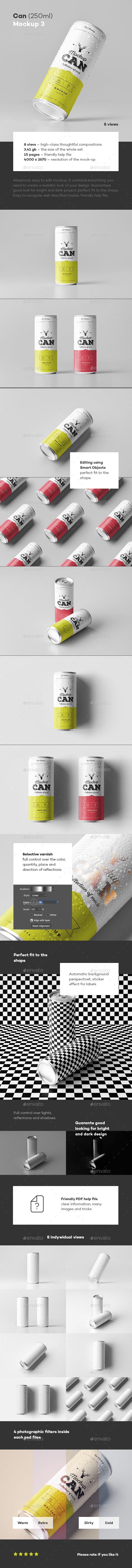 250ml容量的饮料易拉罐展示样机下载 Can Mock-up 3 [psd]