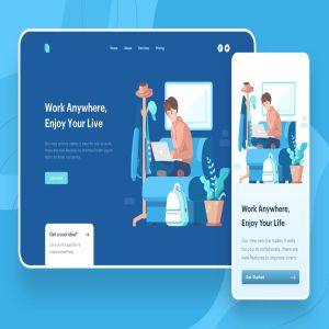 移动办公主题网站矢量插画素材 Work Anywhere Illustration – Website Header