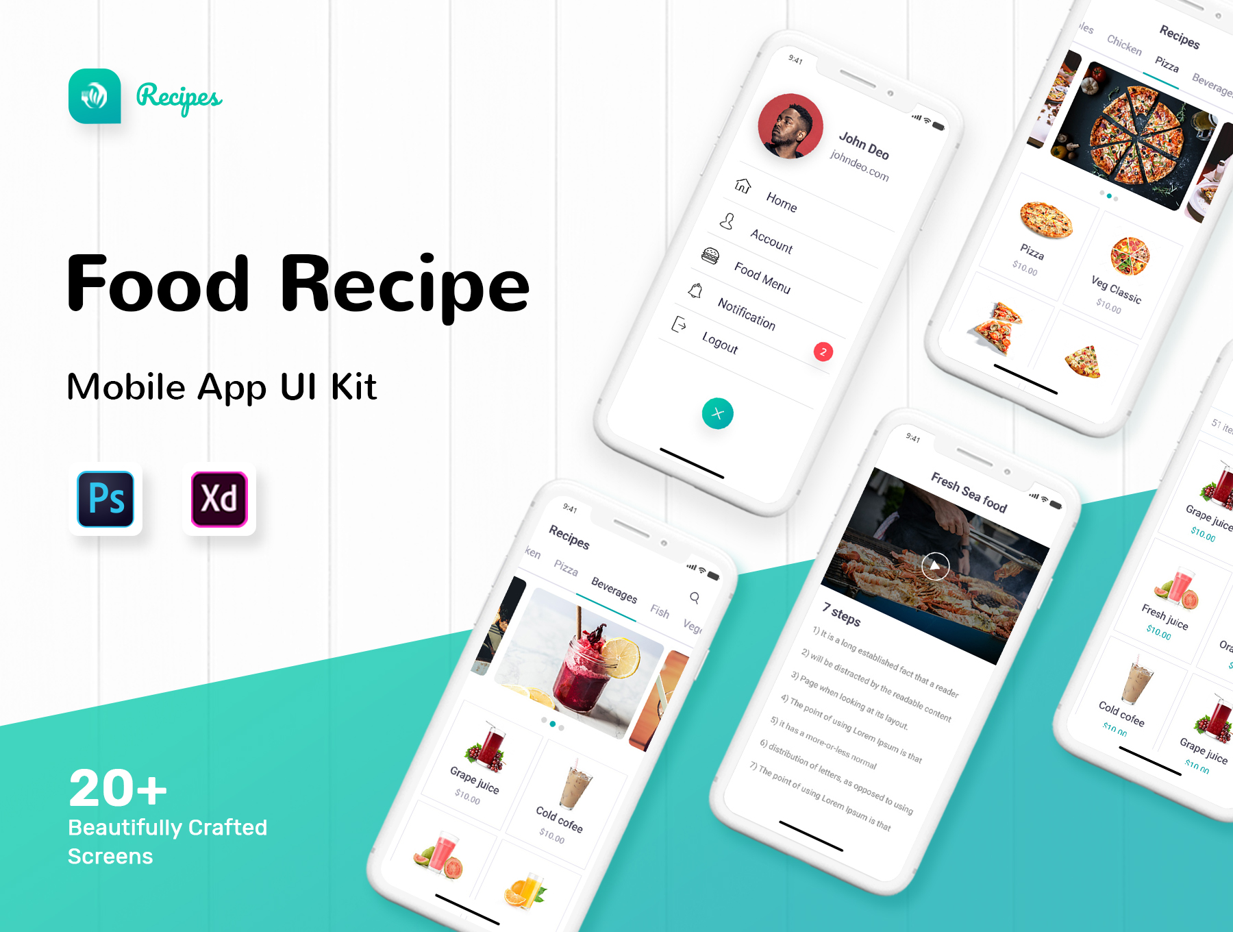 一流设计素材网下午茶：美食送餐相关的 App UI Kit 套装下载[PSD,XD]