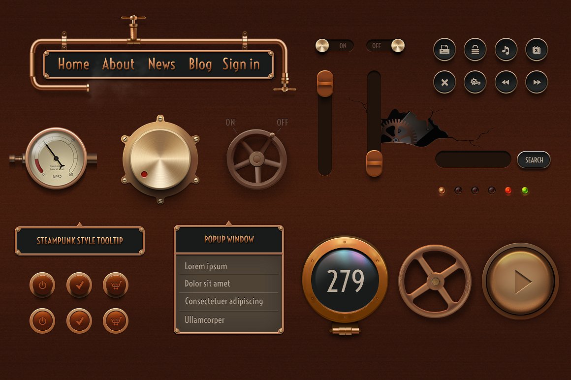 复古金属风格GUI界面设计元素 Vintage Gui Elements Retina-ready