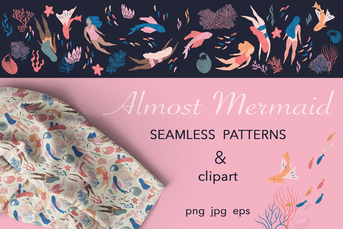 手绘美人鱼图案无缝背景纹理 Almost Mermaid