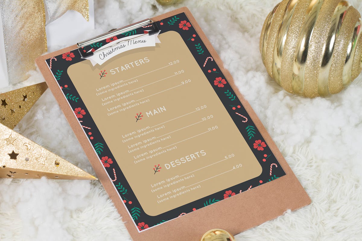 A4圣诞风格菜单设计印刷品样机模板 A4 Christmas Menu Mock Up
