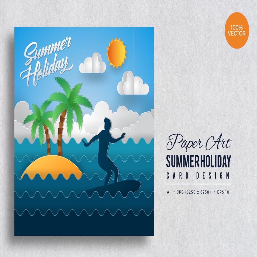 剪纸艺术夏日度假贺卡矢量模板v1 Paper Art Summer Holiday Vector Card Vol.1插图