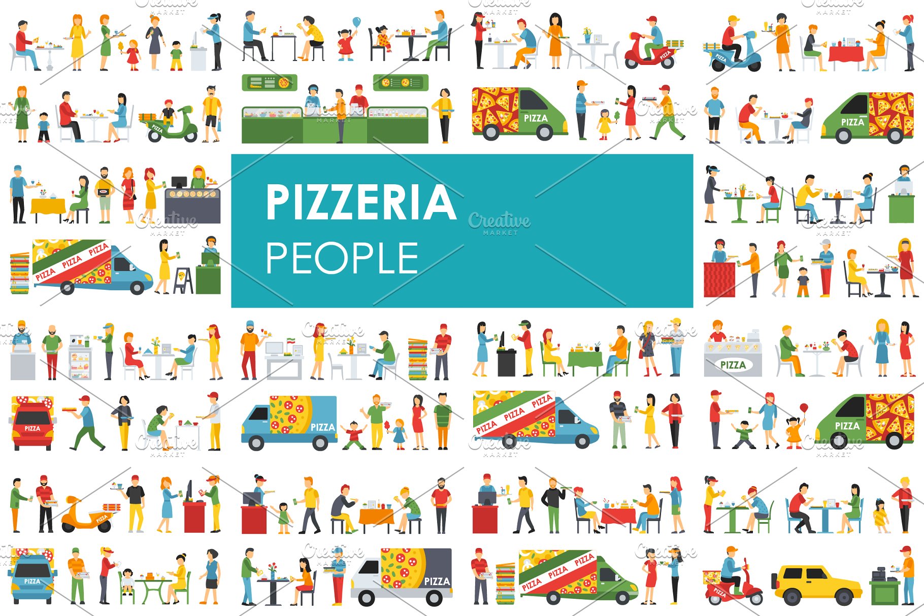 各式职业人员吃披萨形象扁平化设计矢量插画 Pizzeria – flat people set