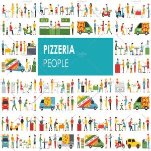 各式职业人员吃披萨形象扁平化设计矢量插画 Pizzeria – flat people set