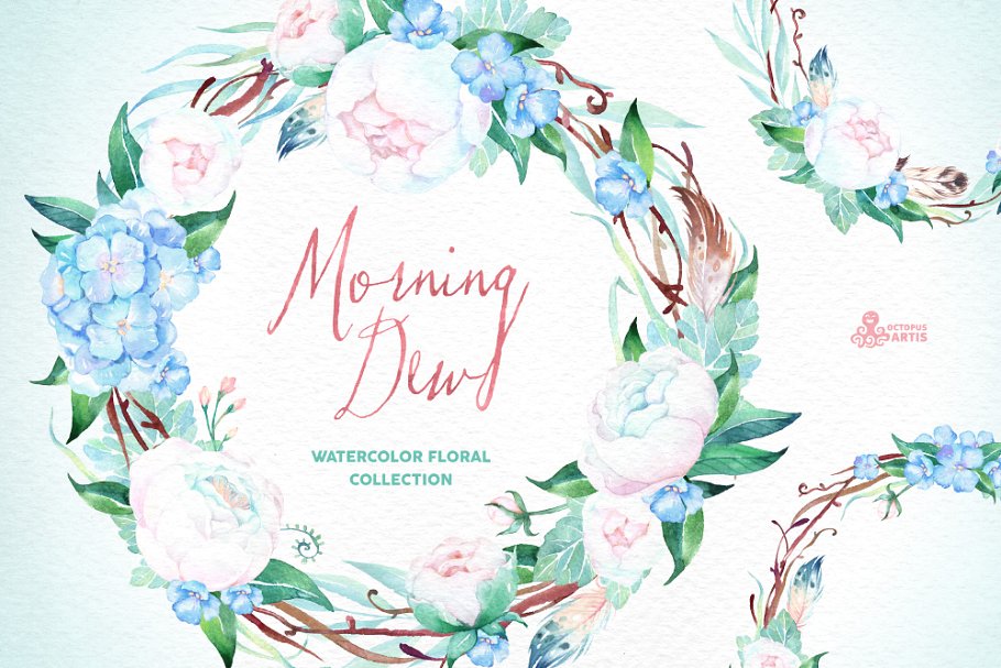 晨露水彩花卉水彩画插画 Morning Dew. Floral Collection