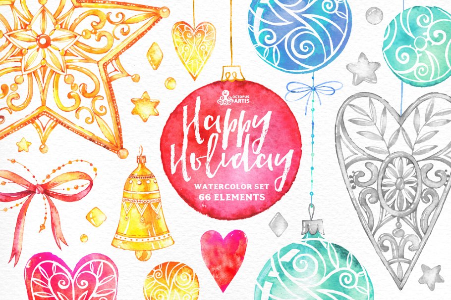 快乐节假日手绘水彩元素 Happy Holiday