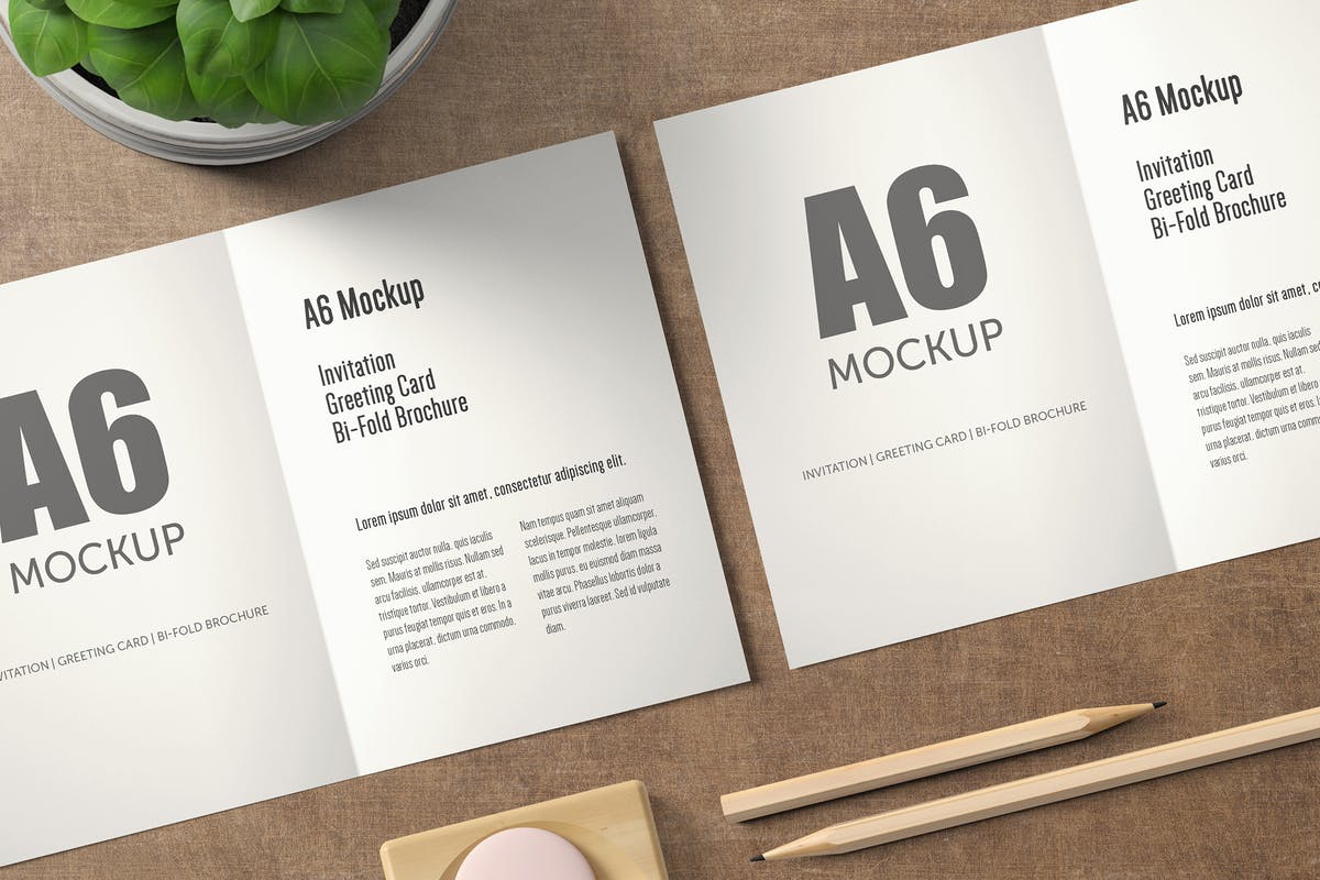 A6纵向双折页贺卡印刷品样机 A6 Portrait Bi-Fold Greeting Card Mock-up