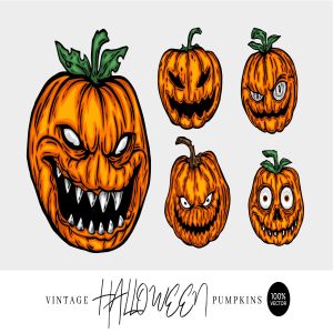 5款南瓜怪兽矢量手绘图形素材 5 Vintage Hand Drawing Pumpkin Monster Vector