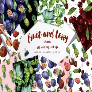 手工绘制水彩风格的水果图案素材下载[jpg,png]