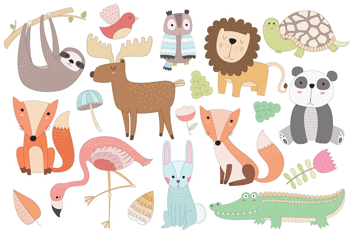 可爱的手绘动物矢量图形 Cute Animal Vector & PNG Clipart Set