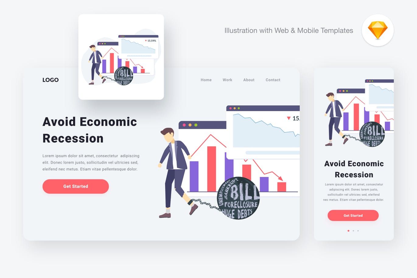 经济研究分析网站设计矢量插画素材[SKETCH&SVG] Economic recession illustration (Sketch & SVG)