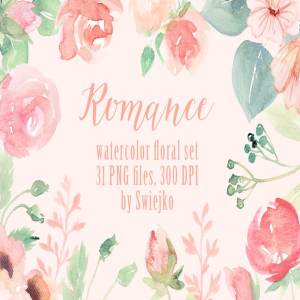 浪漫风格手绘花卉&绿叶水彩图案 Romantic Floral Clipart set