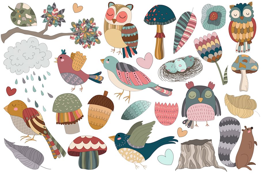 林地动植物插图设计元素 Woodland Designs Vector & PNG Pack