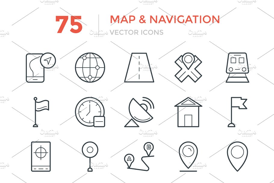 75个地图和导航矢量图标 75 Maps and Navigation Vector Icons