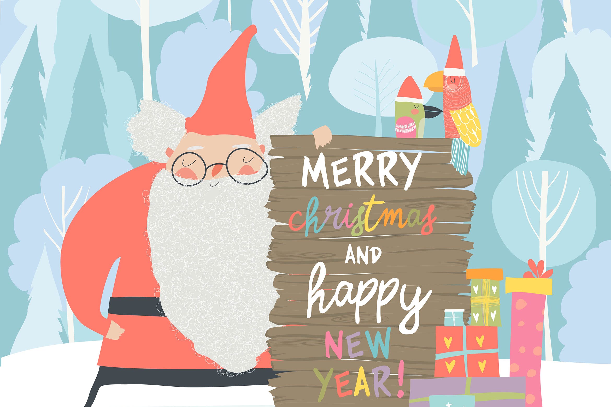 圣诞老人&圣诞节庆祝主题矢量手绘插画 Santa Claus celebrating Christmas. Vector illustra