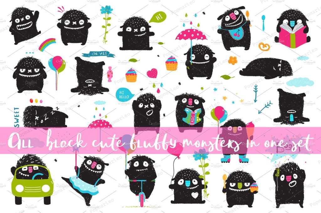 一组可爱的手绘小怪物矢量素材打包下载[eps,png,jpg]