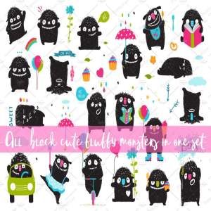 一组可爱的手绘小怪物矢量素材打包下载[eps,png,jpg]