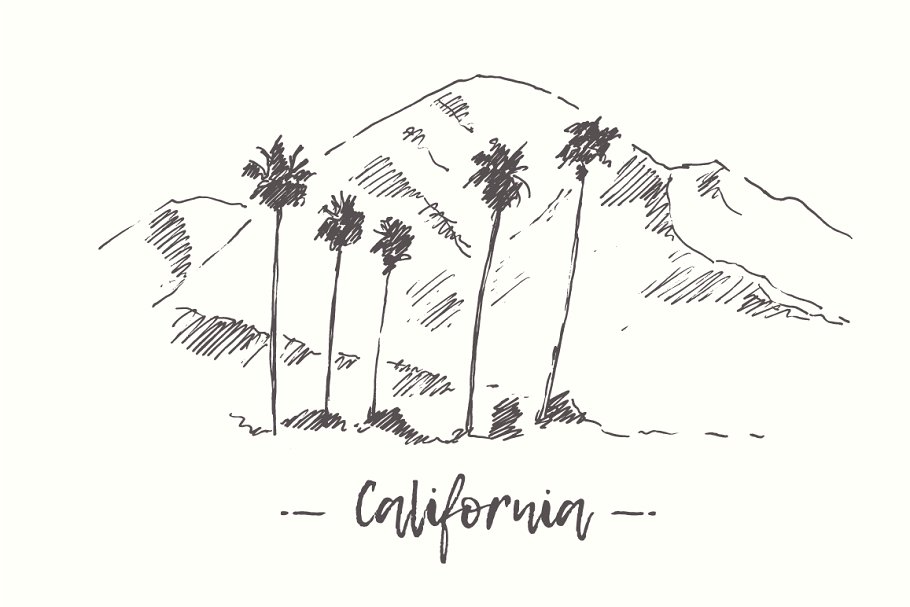 钢笔素描加利福尼亚山脉景观 Set of California landscapes