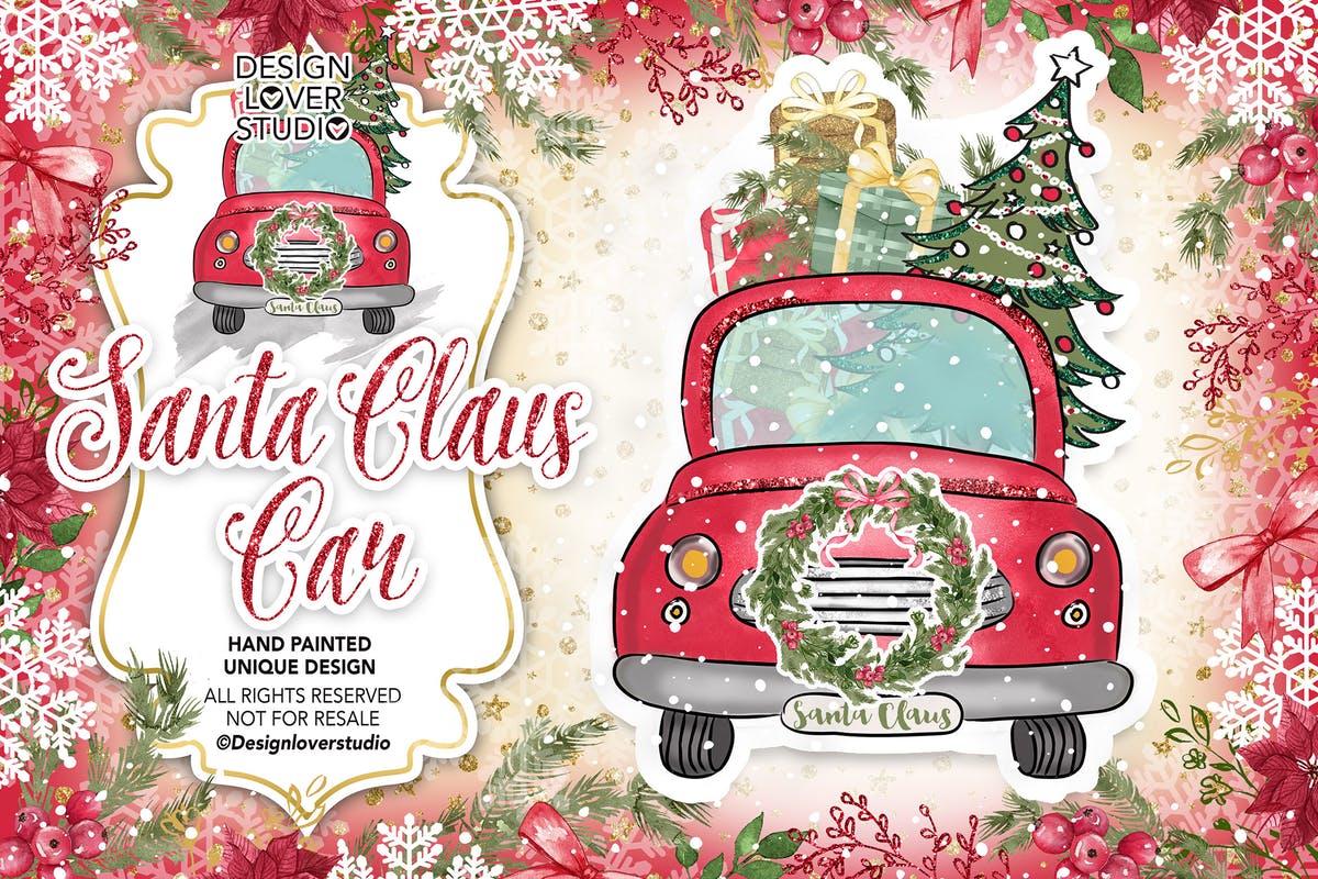 圣诞老人礼物小车矢量插画 Santa Claus Car design