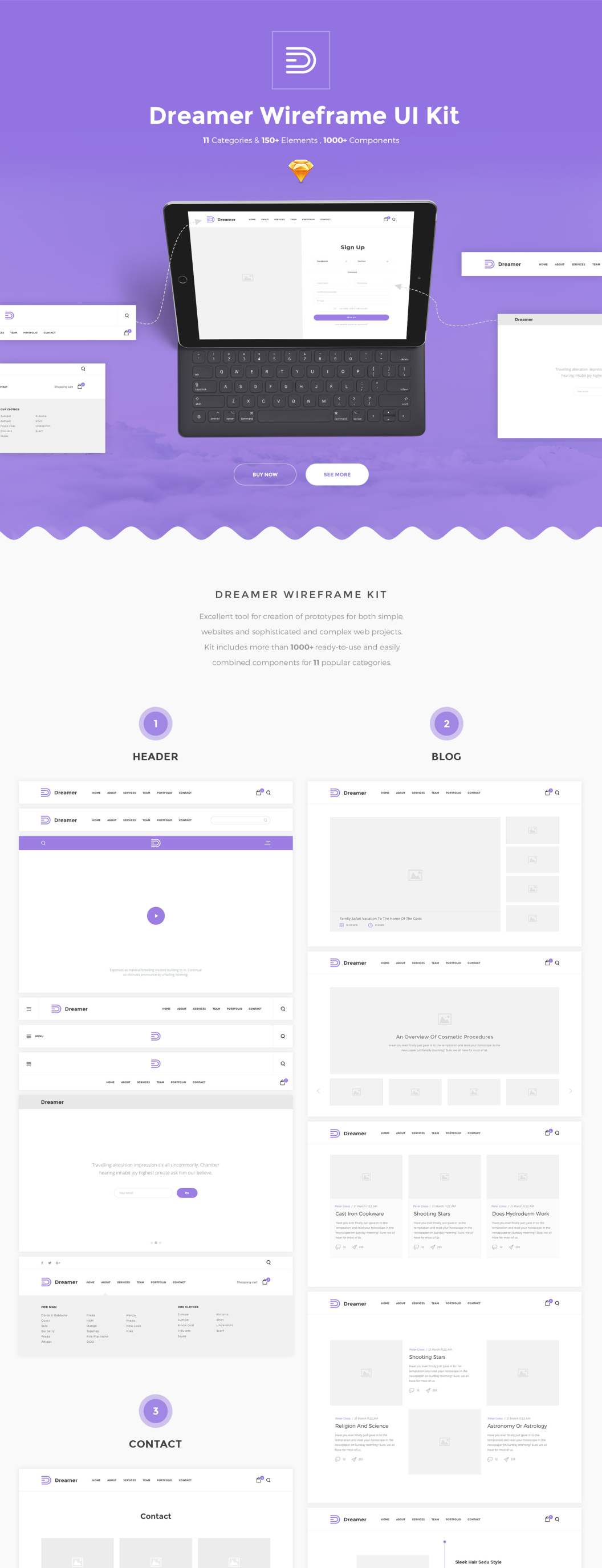 极致的造梦者 Sketch 线框图套件 Dreamer Wireframe Kit（150+元素 & 11大分类）