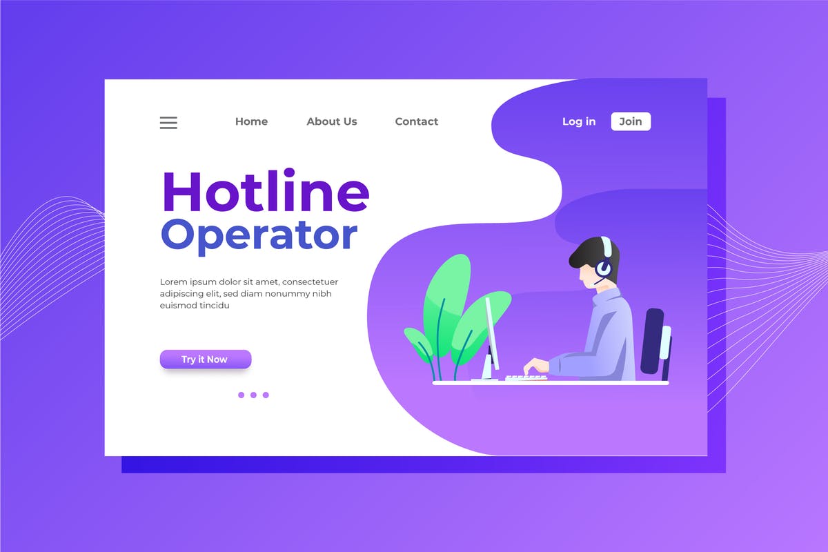 客服热线场景概念插画着陆页模板 Hotline Operator Landing Page Illustration