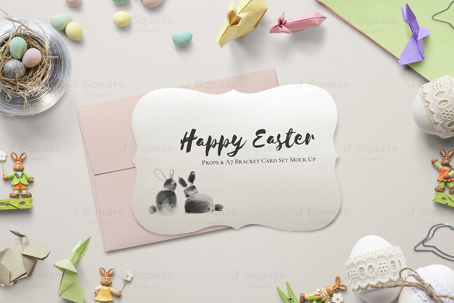 可爱复活节兔子彩蛋元素贺卡模板 Easter A7 Bracket Card Set Mock Ups