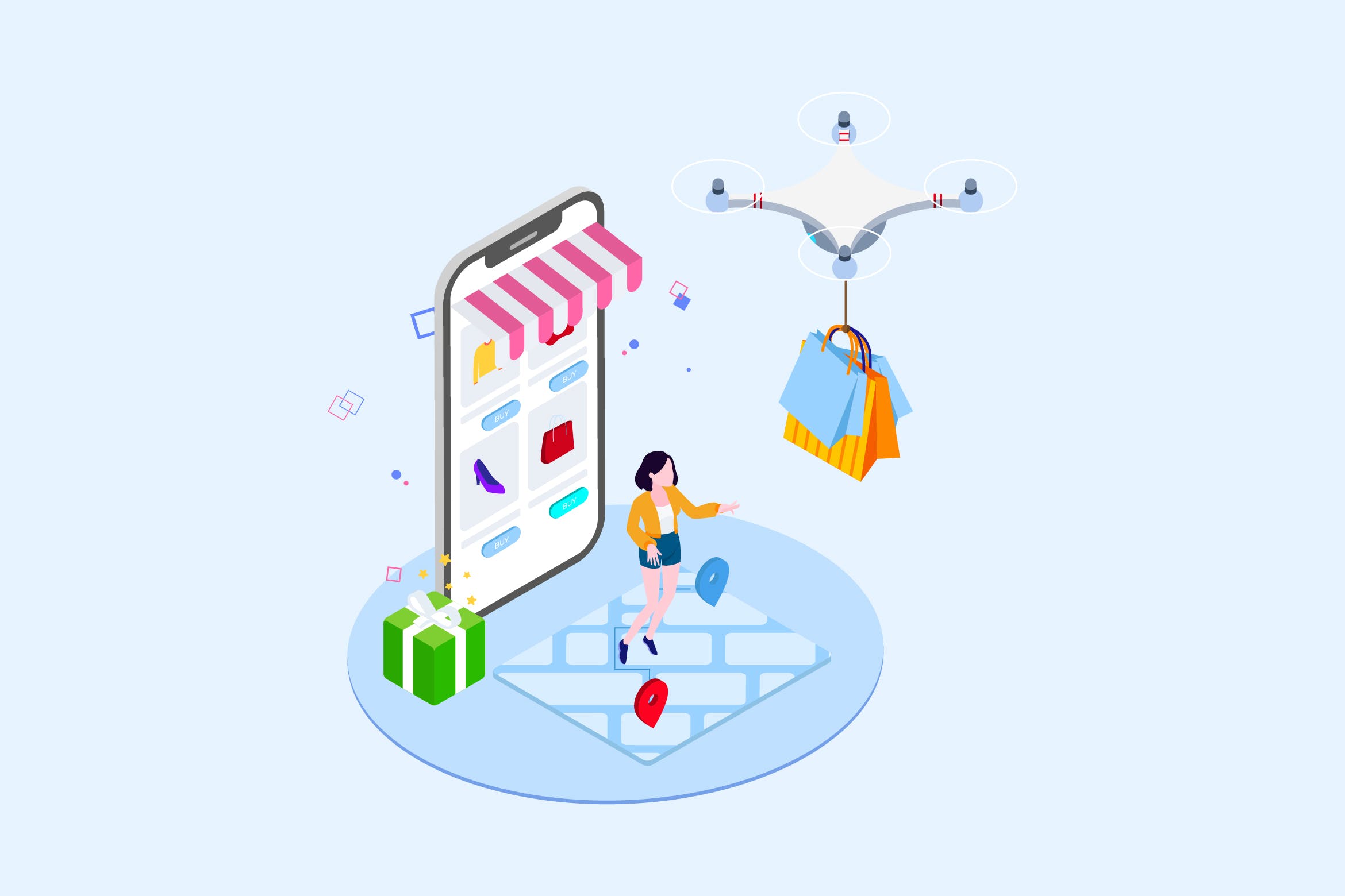 无人机快递派送场景等距概念插画v1 Drones Delivery Isometric Illustration – T2