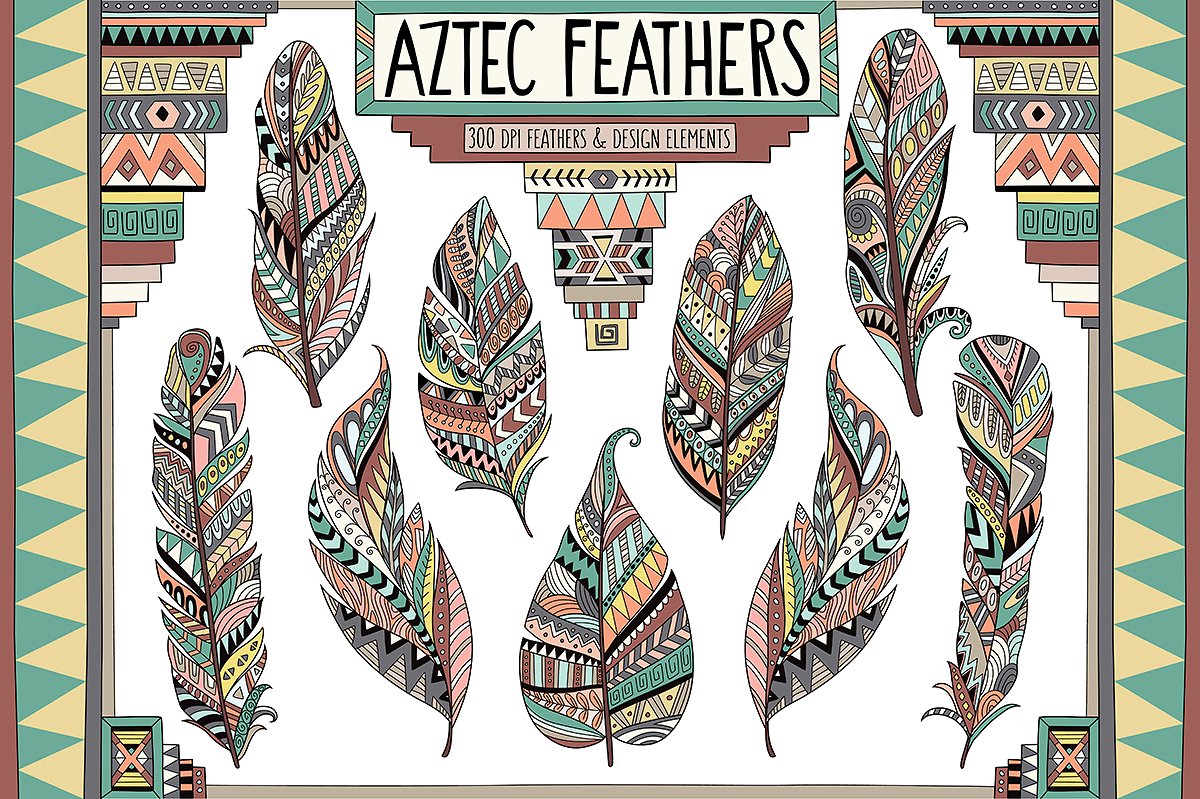 阿兹特克部落文化羽毛剪贴画套装 Aztec Tribal Feathers Clipart Set